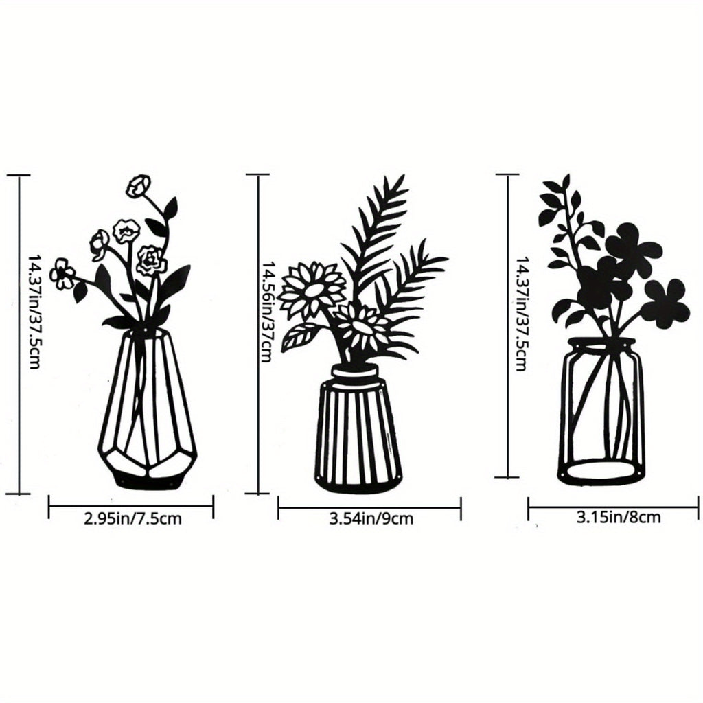 CIFbuy™ Modern Charming 3-Pcs Black Metal Flowers Wall Decor - Delightful Metal Vase Wall Art & Sculptures, Transform Kitchen/Bathroom/Bedroom into Cozy Retreats - Wall Sculptures