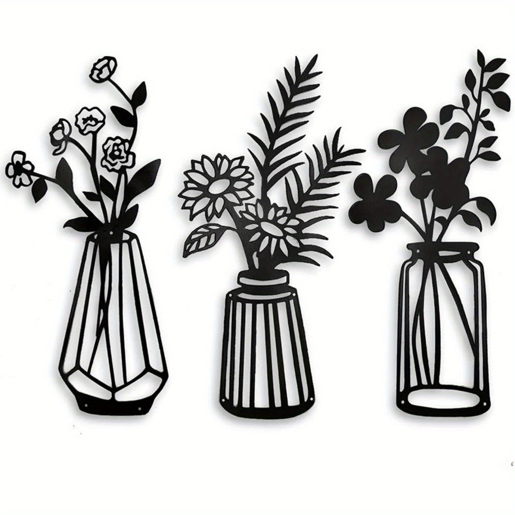 CIFbuy™ Modern Charming 3-Pcs Black Metal Flowers Wall Decor - Delightful Metal Vase Wall Art & Sculptures, Transform Kitchen/Bathroom/Bedroom into Cozy Retreats - Wall Sculptures