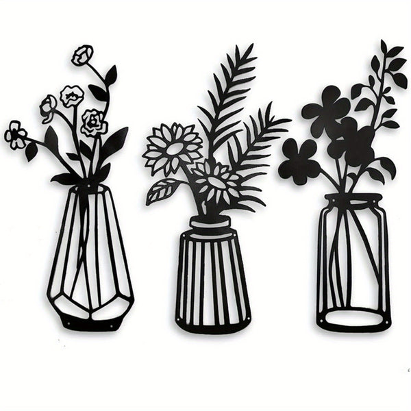 CIFbuy™ Modern Charming 3-Pcs Black Metal Flowers Wall Decor - Delightful Metal Vase Wall Art & Sculptures, Transform Kitchen/Bathroom/Bedroom into Cozy Retreats - Wall Sculptures