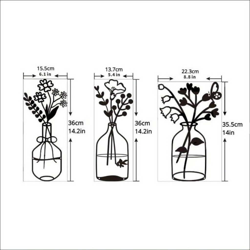 CIFbuy™ Modern Charming 3-Pcs Black Metal Flowers Wall Decor - Delightful Metal Vase Wall Art & Sculptures, Transform Kitchen/Bathroom/Bedroom into Cozy Retreats - Wall Sculptures