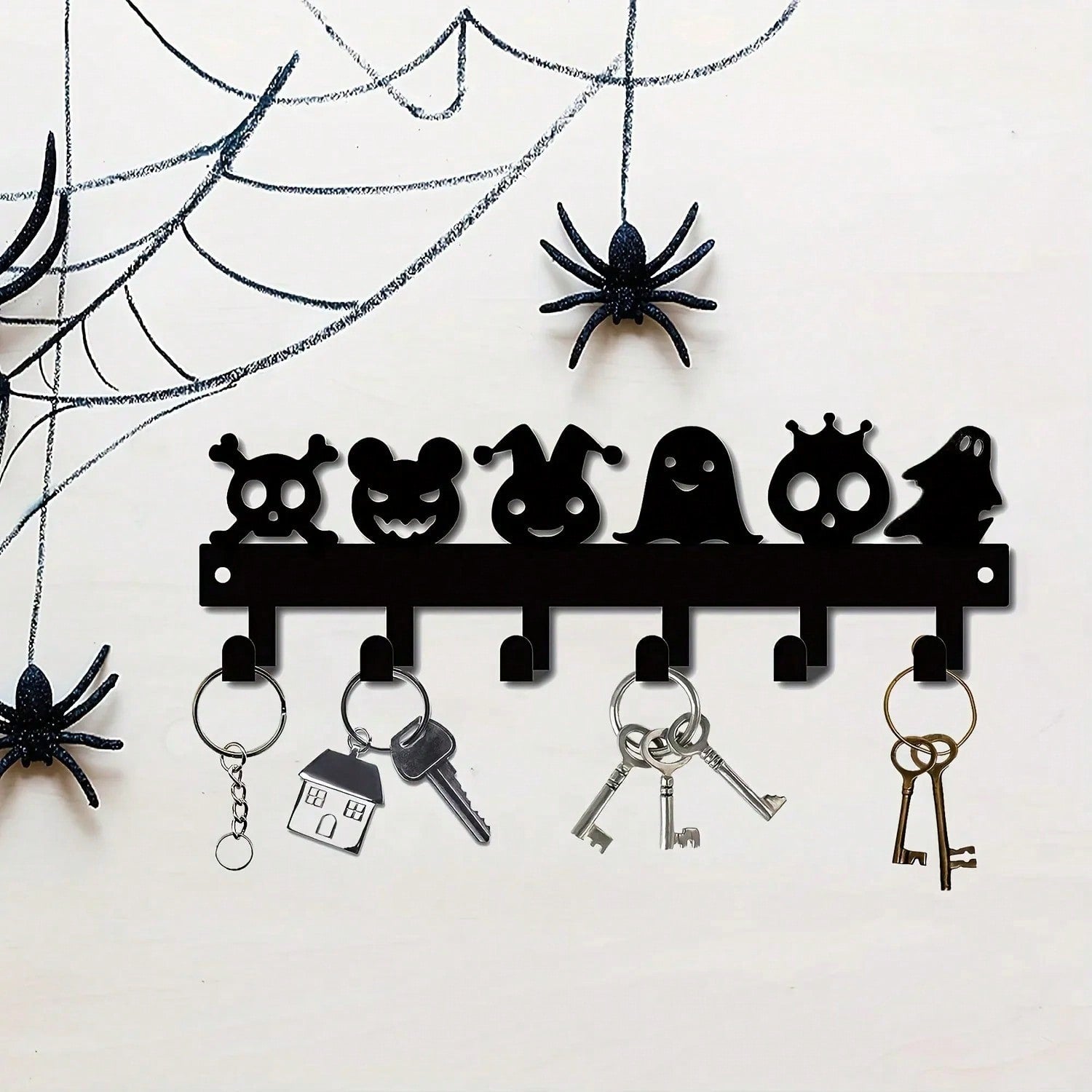 1PC Halloween Metal Wall-Mounted Rack With 6 Hooks, Pumpkin Ghost Pattern Hooks For Keys, Towels, Umbrellas, Decorative Organizer Shelf