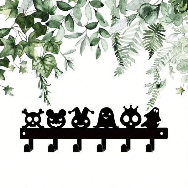 1PC Halloween Metal Wall-Mounted Rack With 6 Hooks, Pumpkin Ghost Pattern Hooks For Keys, Towels, Umbrellas, Decorative Organizer Shelf