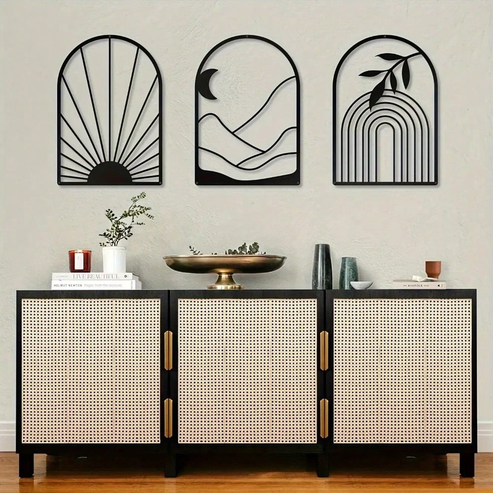 3-Piece Large Bohemian Black Metal Leaf Line/Wire Floral Wall Decor for Bohemian Bedrooms, Bathrooms and Living Rooms - Simple Bohemian Line Metal Wall Decor for Modern Home Decor, Home Decor, Room Decor, Bedroom Decor, Bathroom Decor Main image