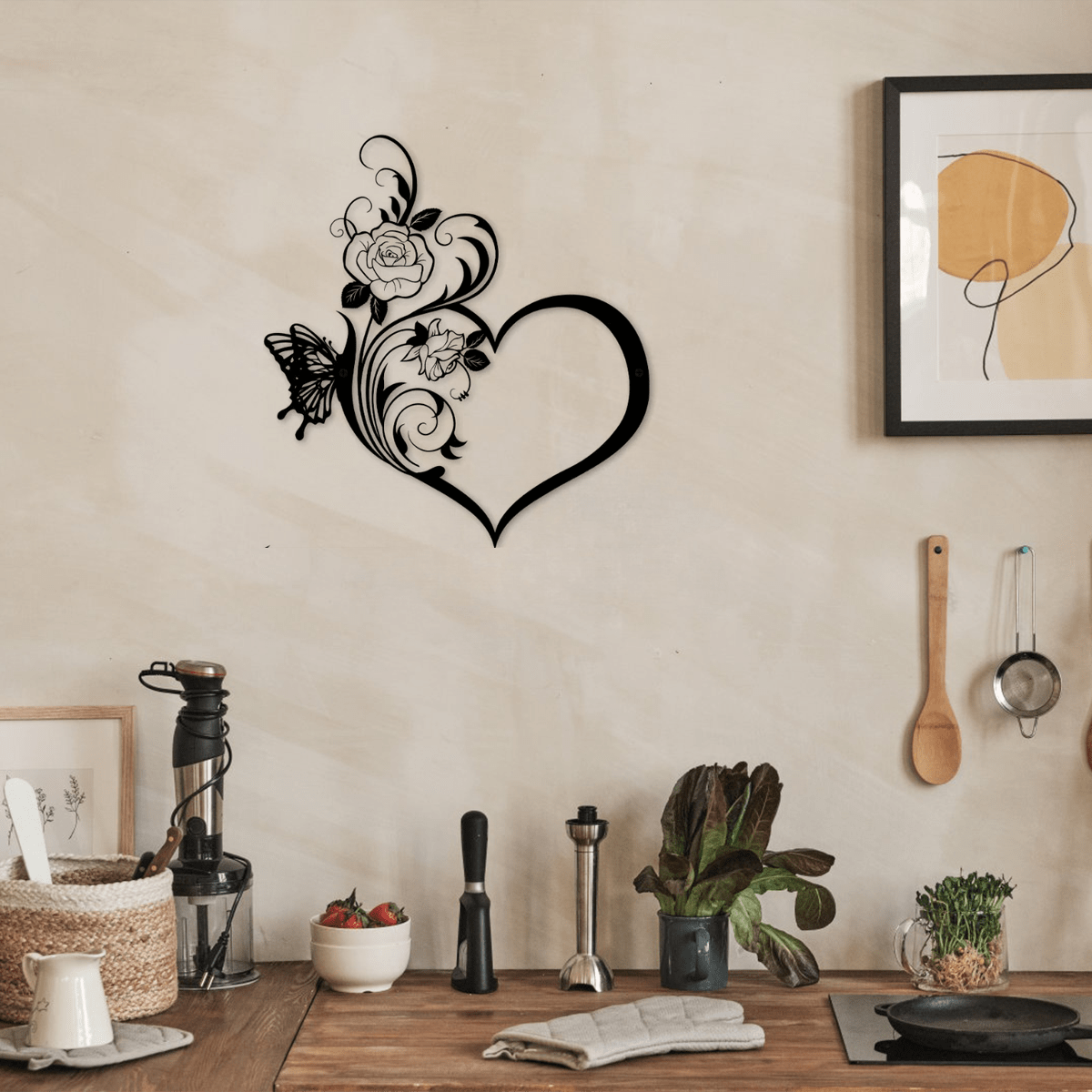 1 metal rose butterfly flower heart shape/love silhouette wall decoration, black small family love logo, suitable for home wall decoration