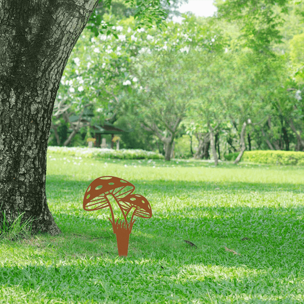 One-piece Rusty Brown Garden Mushroom Ornament - Large Metal Rod with Hollow Outline, Stylish Garden Decorative Artwork