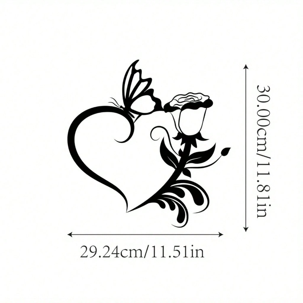 1 metal rose butterfly flower heart shape/love silhouette wall decoration, black small family love logo, suitable for home wall decoration
