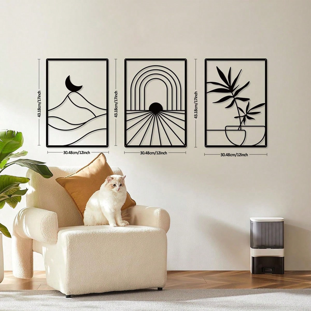 3-Piece Large Bohemian Black Metal Leaf Line/Wire Floral Wall Decor for Bohemian Bedrooms, Bathrooms and Living Rooms - Simple Bohemian Line Metal Wall Decor for Modern Home Decor, Home Decor, Room Decor, Bedroom Decor, Bathroom Decor Secondary image