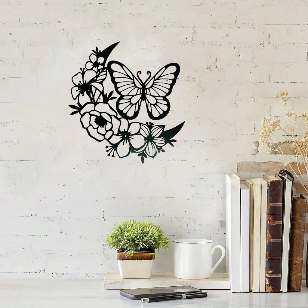 1 piece of black metal flower butterfly wall decoration, wrought iron wall hanging, suitable for living room, bedroom, garden fence, terrace, porch decoration