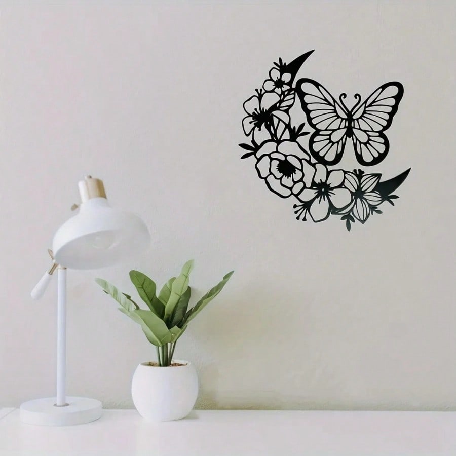 1 piece of black metal flower butterfly wall decoration, wrought iron wall hanging, suitable for living room, bedroom, garden fence, terrace, porch decoration