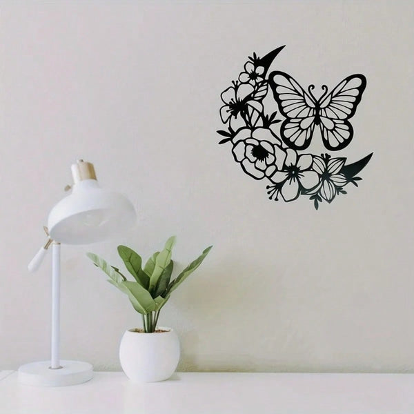 1 piece of black metal flower butterfly wall decoration, wrought iron wall hanging, suitable for living room, bedroom, garden fence, terrace, porch decoration