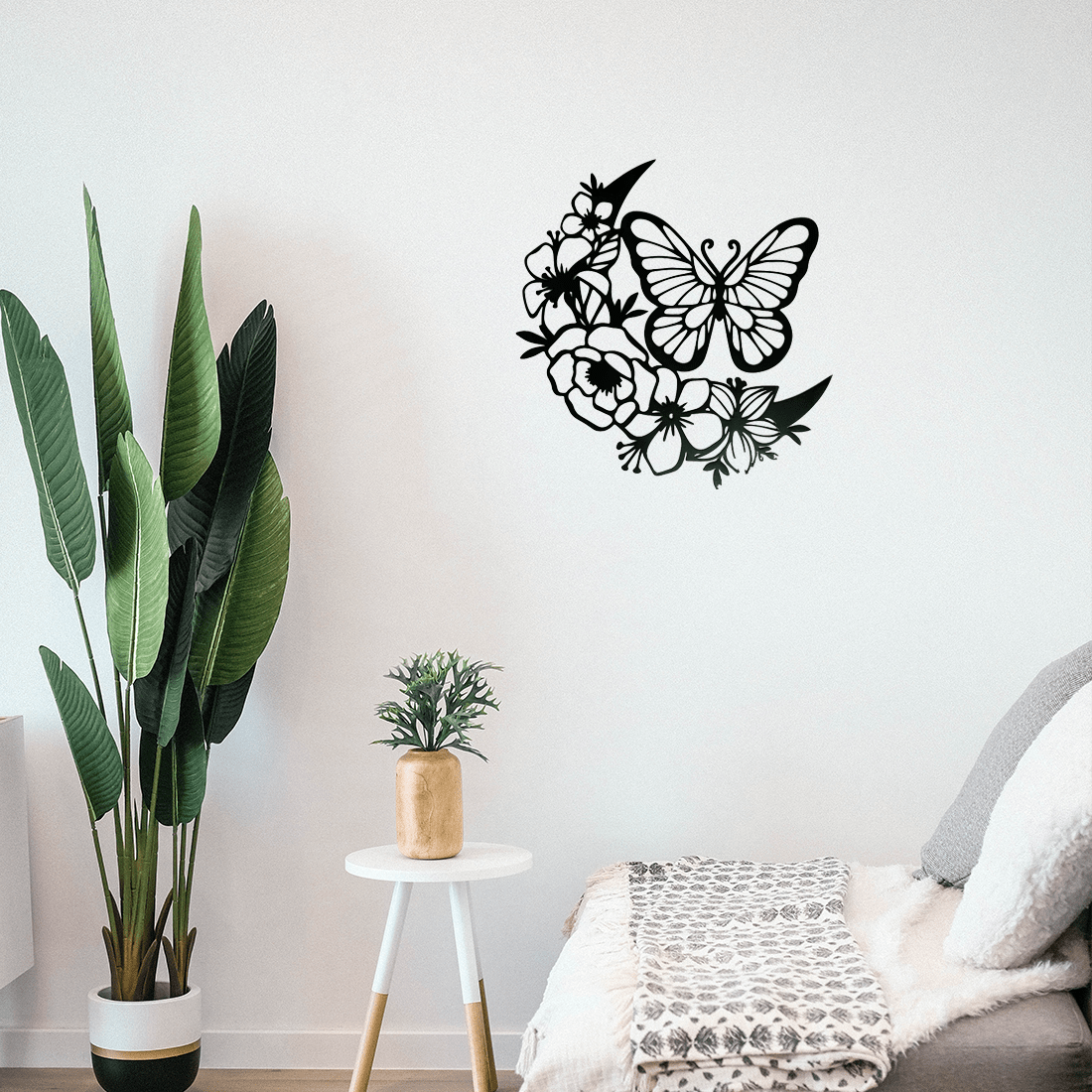1 piece of black metal flower butterfly wall decoration, wrought iron wall hanging, suitable for living room, bedroom, garden fence, terrace, porch decoration