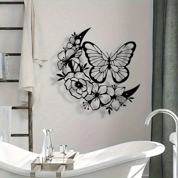 1 piece of black metal flower butterfly wall decoration, wrought iron wall hanging, suitable for living room, bedroom, garden fence, terrace, porch decoration