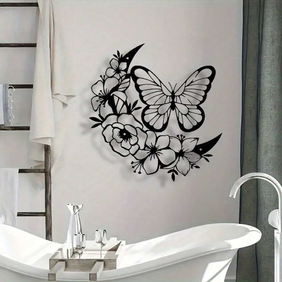 1 piece of black metal flower butterfly wall decoration, wrought iron wall hanging, suitable for living room, bedroom, garden fence, terrace, porch decoration