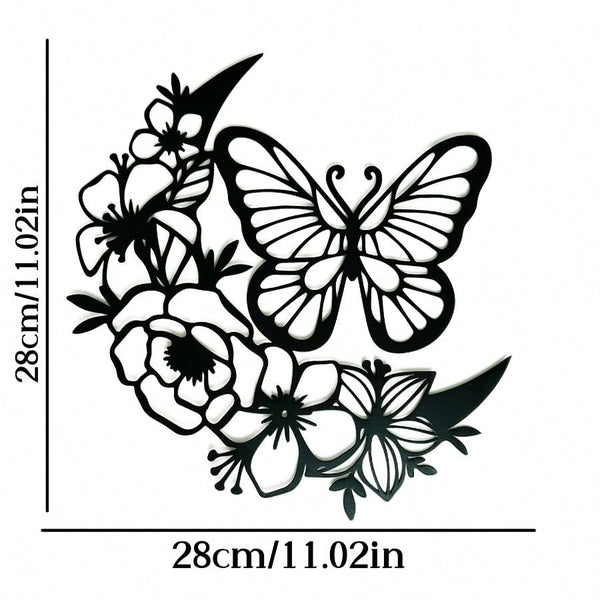 1 piece of black metal flower butterfly wall decoration, wrought iron wall hanging, suitable for living room, bedroom, garden fence, terrace, porch decoration