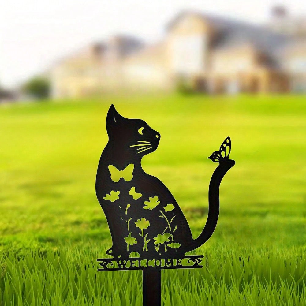 1 cute cat wrought iron metal garden decorative animal floor insert cat protective cover outdoor garden lawn decoration garden art decoration hollow silhouette
