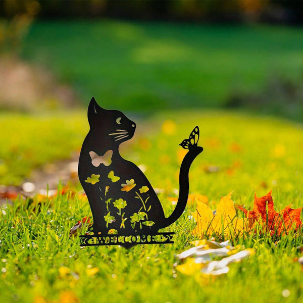 1 cute cat wrought iron metal garden decorative animal floor insert cat protective cover outdoor garden lawn decoration garden art decoration hollow silhouette