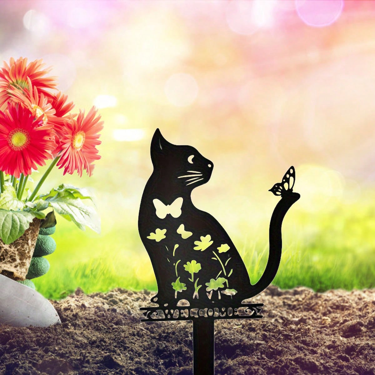 1 cute cat wrought iron metal garden decorative animal floor insert cat protective cover outdoor garden lawn decoration garden art decoration hollow silhouette