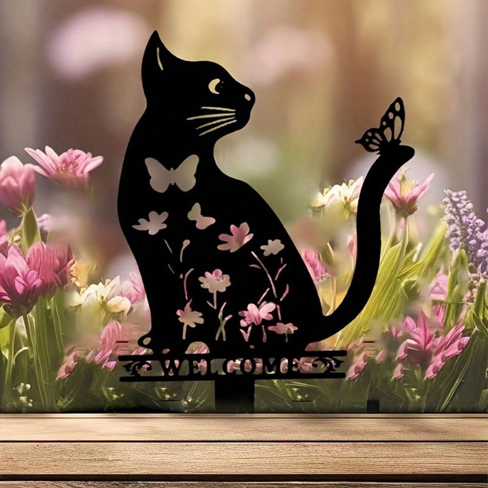 1 cute cat wrought iron metal garden decorative animal floor insert cat protective cover outdoor garden lawn decoration garden art decoration hollow silhouette Main image