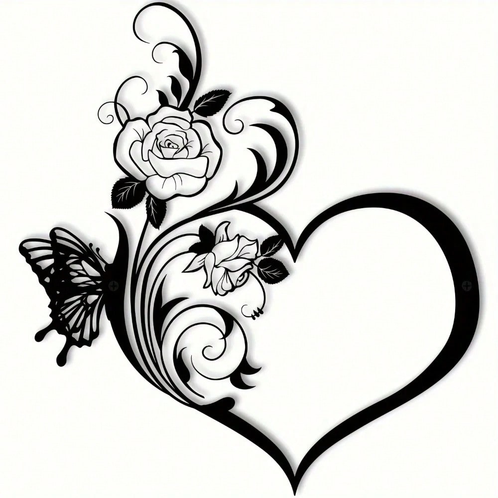 1 metal rose butterfly flower heart shape/love silhouette wall decoration, black small family love logo, suitable for home wall decoration