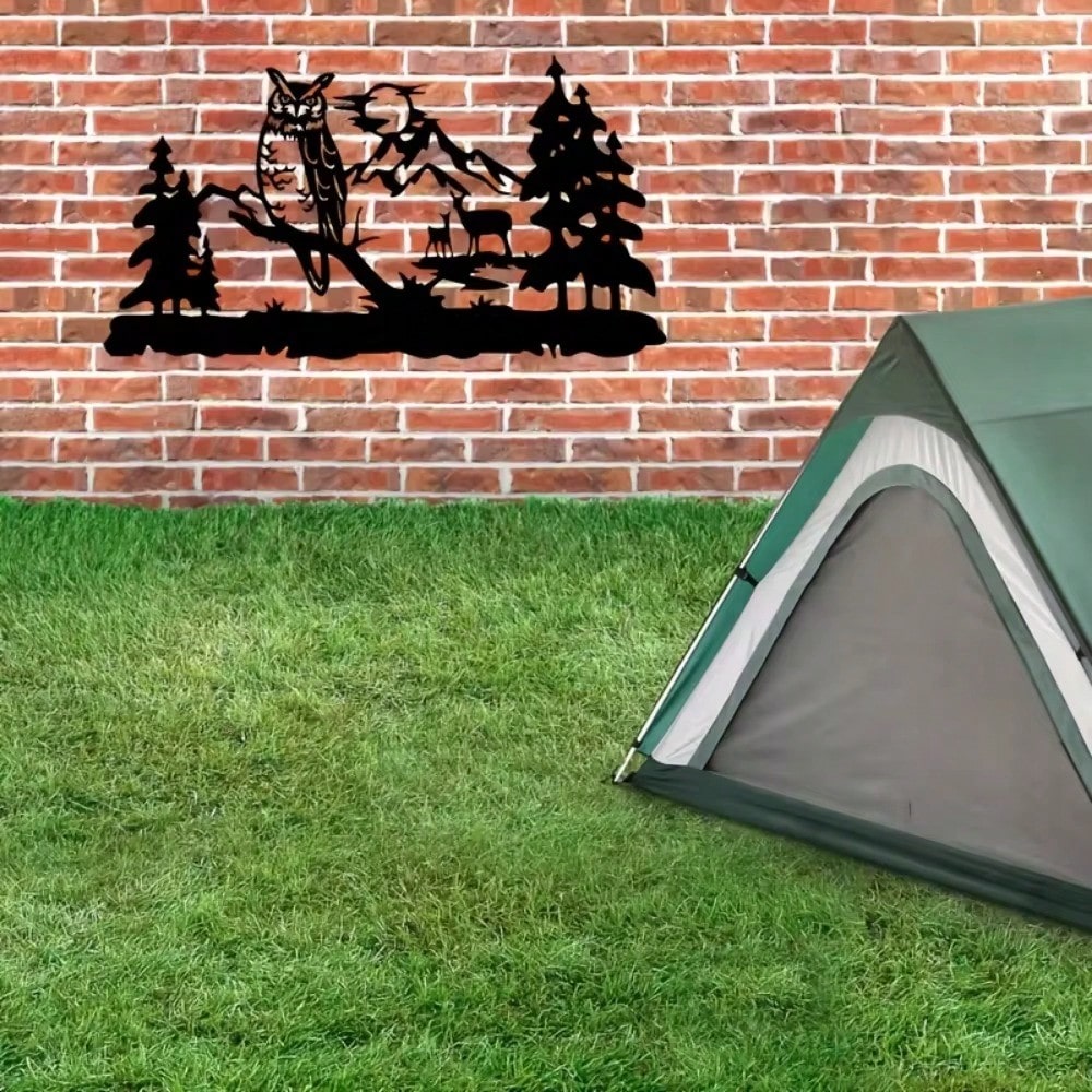 1件精美森林动物田园猫头鹰和鹿墙饰艺术品，森林风景壁挂金属工艺品，适用于客厅、卧室、书房、花园家居装饰、圣诞节、礼物