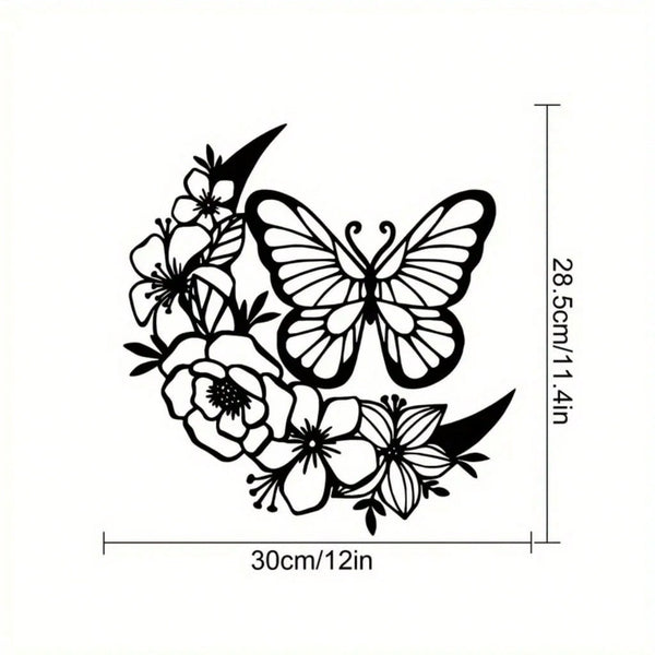 1 piece of black metal flower butterfly wall decoration, wrought iron wall hanging, suitable for living room, bedroom, garden fence, terrace, porch decoration