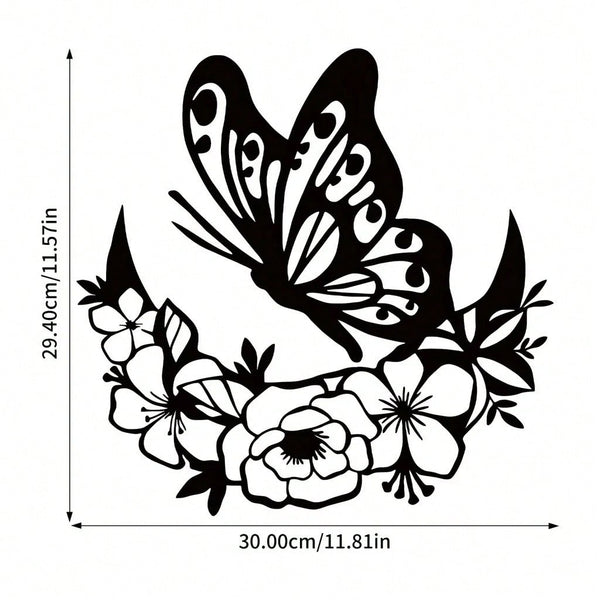 1 piece of black metal flower butterfly wall decoration, wrought iron wall hanging, suitable for living room, bedroom, garden fence, terrace, porch decoration