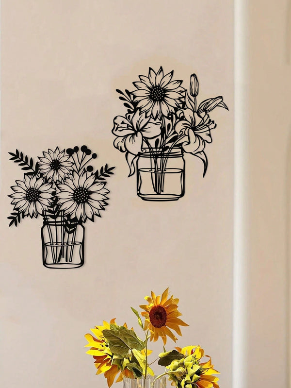 1. Sunflower vase metal wall decoration, black lily vase wall-mounted sculpture, indoor living room, bedroom flower shop, kitchen bathroom decoration, gift, women's artwork, suitable for storing keys, small accessories, etc.
