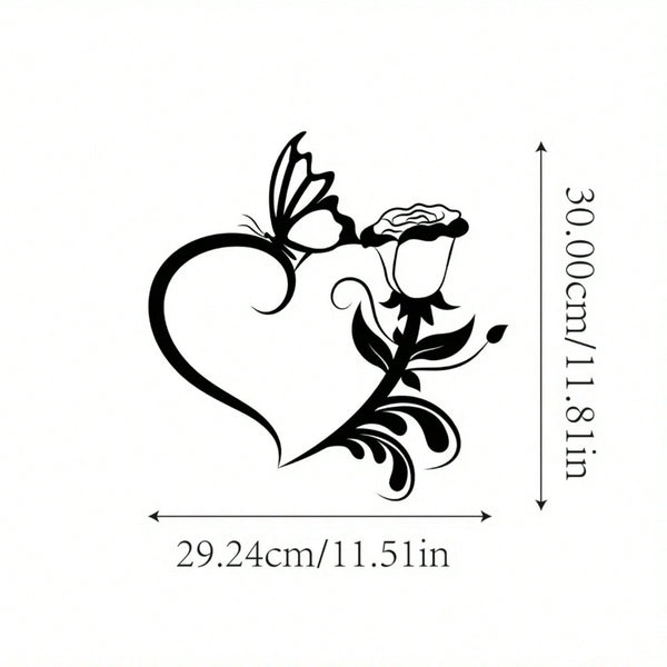 1 metal rose butterfly flower heart shape/love silhouette wall decoration, black small family love logo, suitable for home wall decoration