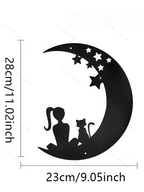 1 Pc Beautiful Girl With A Kitten Sitting On The Stars And The Moon Metal Wall Decoration: Gorgeous Interior Decoration, Creating A Sense Of Family Happiness, Suitable For Various Spaces Such As Halls And Bedrooms, Suitable For Various Festivals
