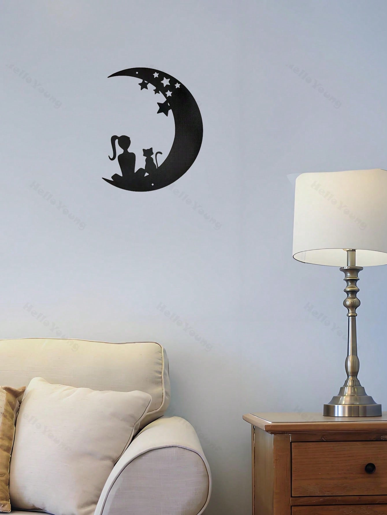 1 Pc Beautiful Girl With A Kitten Sitting On The Stars And The Moon Metal Wall Decoration: Gorgeous Interior Decoration, Creating A Sense Of Family Happiness, Suitable For Various Spaces Such As Halls And Bedrooms, Suitable For Various Festivals