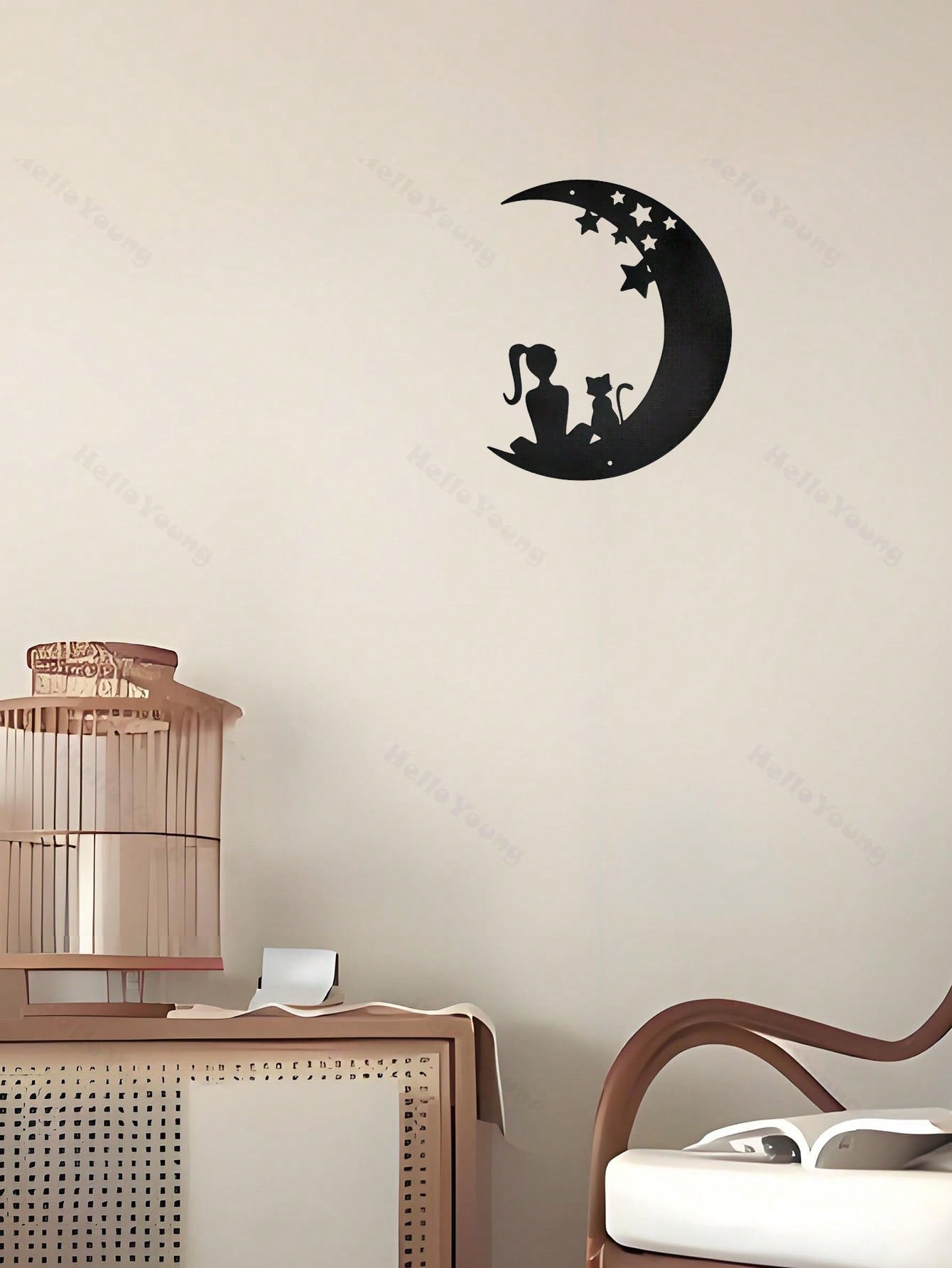 1 Pc Beautiful Girl With A Kitten Sitting On The Stars And The Moon Metal Wall Decoration: Gorgeous Interior Decoration, Creating A Sense Of Family Happiness, Suitable For Various Spaces Such As Halls And Bedrooms, Suitable For Various Festivals