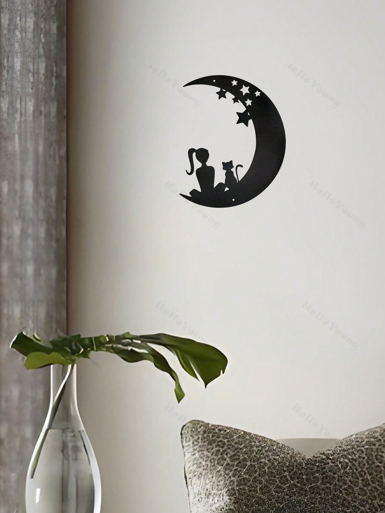 1 Pc Beautiful Girl With A Kitten Sitting On The Stars And The Moon Metal Wall Decoration: Gorgeous Interior Decoration, Creating A Sense Of Family Happiness, Suitable For Various Spaces Such As Halls And Bedrooms, Suitable For Various Festivals