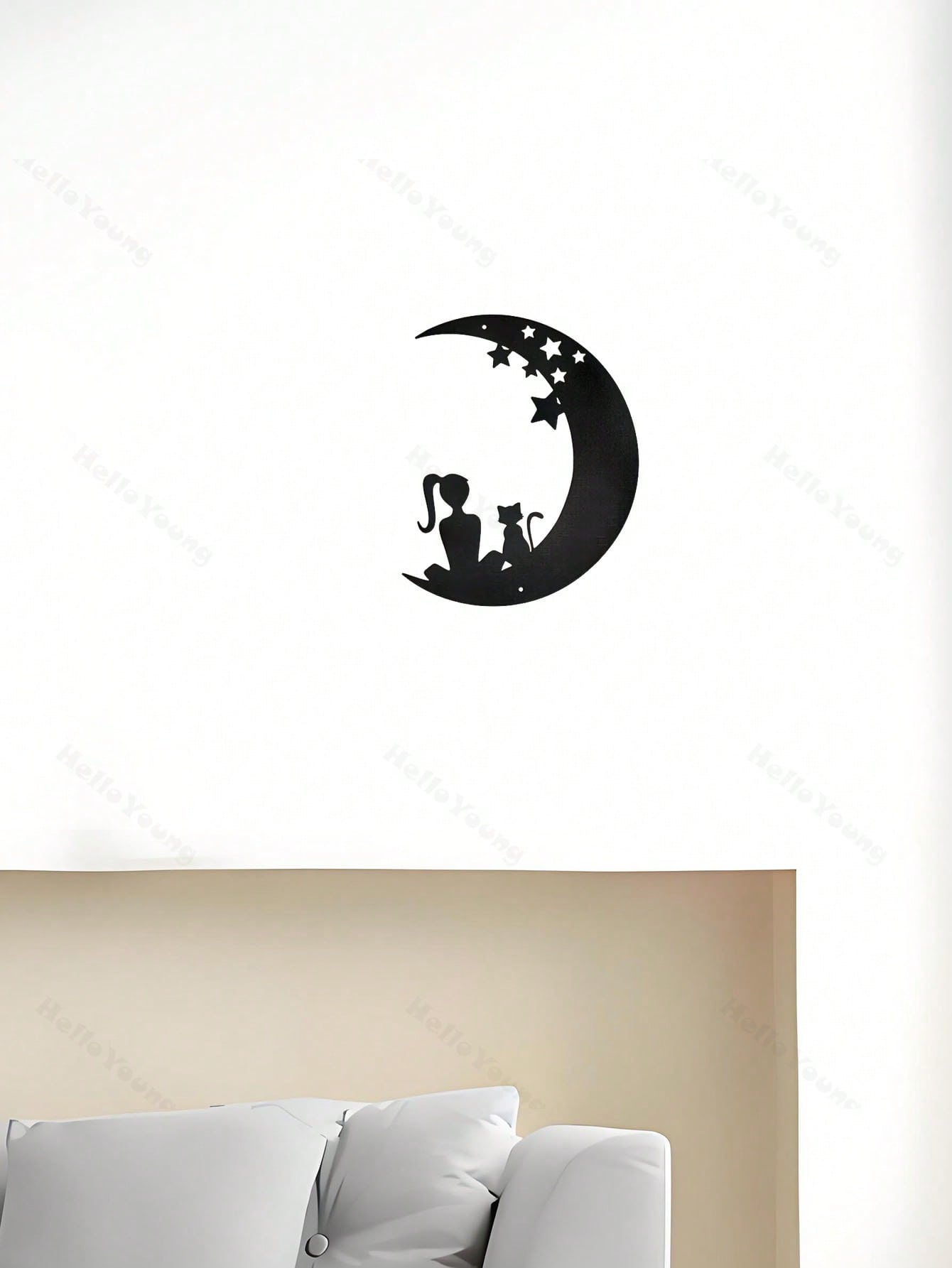 1 Pc Beautiful Girl With A Kitten Sitting On The Stars And The Moon Metal Wall Decoration: Gorgeous Interior Decoration, Creating A Sense Of Family Happiness, Suitable For Various Spaces Such As Halls And Bedrooms, Suitable For Various Festivals