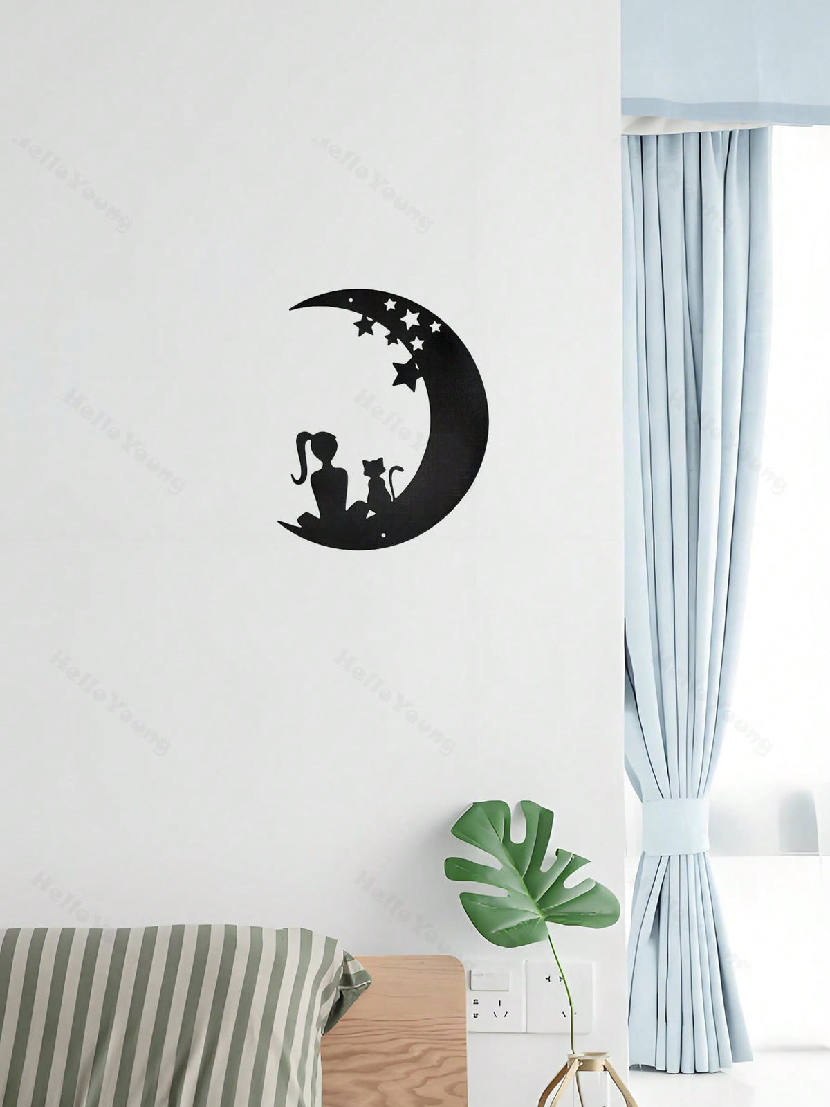 1 Pc Beautiful Girl With A Kitten Sitting On The Stars And The Moon Metal Wall Decoration: Gorgeous Interior Decoration, Creating A Sense Of Family Happiness, Suitable For Various Spaces Such As Halls And Bedrooms, Suitable For Various Festivals