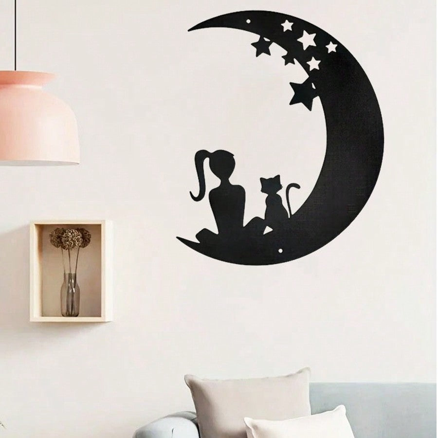 1 Pc Beautiful Girl With A Kitten Sitting On The Stars And The Moon Metal Wall Decoration: Gorgeous Interior Decoration, Creating A Sense Of Family Happiness, Suitable For Various Spaces Such As Halls And Bedrooms, Suitable For Various Festivals