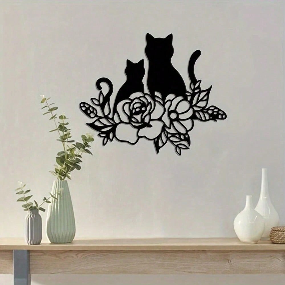 Metal Cat Lover Floral Wall Sign: A Charming Home Decoration Element.Suitable For Modern Home Decoration, Home Decoration, Room Decoration, Wall Decoration For Bedroom, Living Room Or Bathroom, Waterproof, Rust-Proof , Birthday Gift, Sturdy And Non-Fading Main image