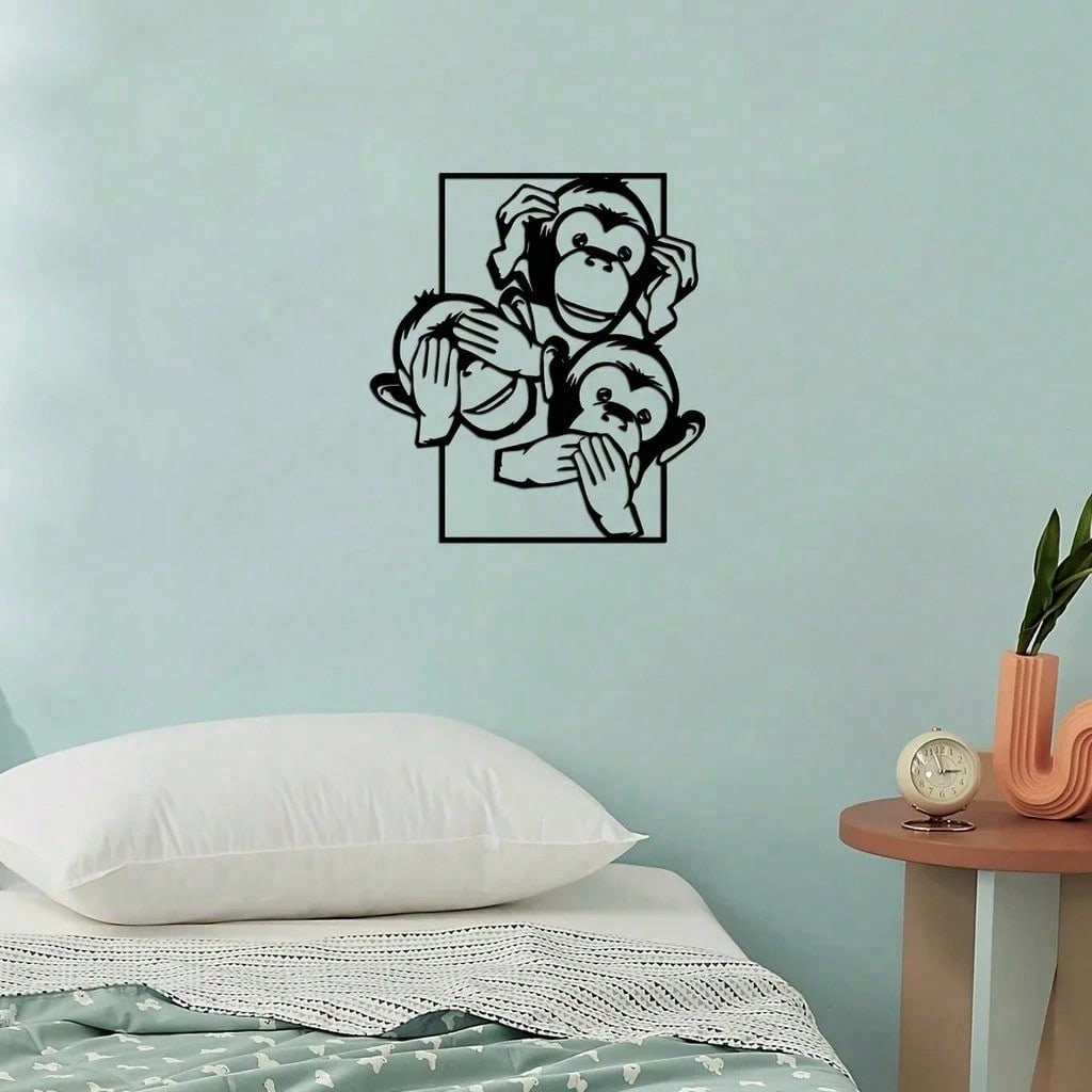 One-Piece Monkey Decoration: "See No Evil, Hear No Evil" Metal Sculpture. Perfect Gift. Suitable For Modern Home Decor, Home Decoration, Room Decor, Bedroom Decor, Bathroom Decor, Waterproof, Rust Proof And Durable,Wall Decor Secondary image
