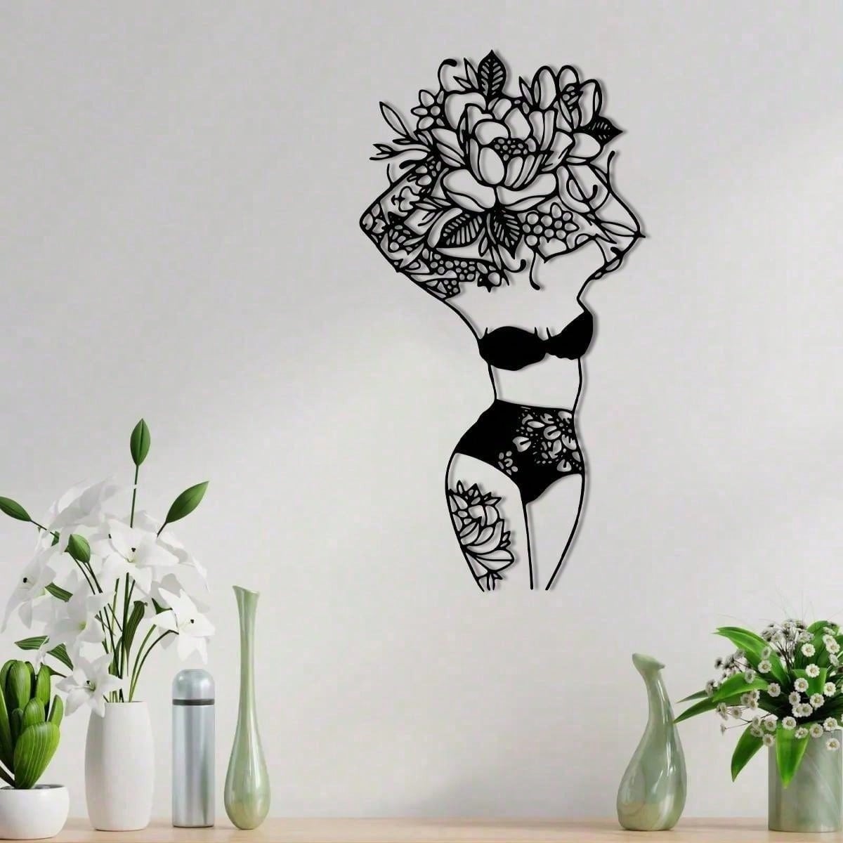 Floral Female Body Metal Wall Art - Abstract Linear Figure Decor For Bedroom & Bathroom, Minimalist Home Gift Set,Suitable For Modern Home Decoration, Home Decoration, Room Decoration, Wall Decoration For Bedroom, Living Room Or Bathroom, Waterproof, Rust Main image