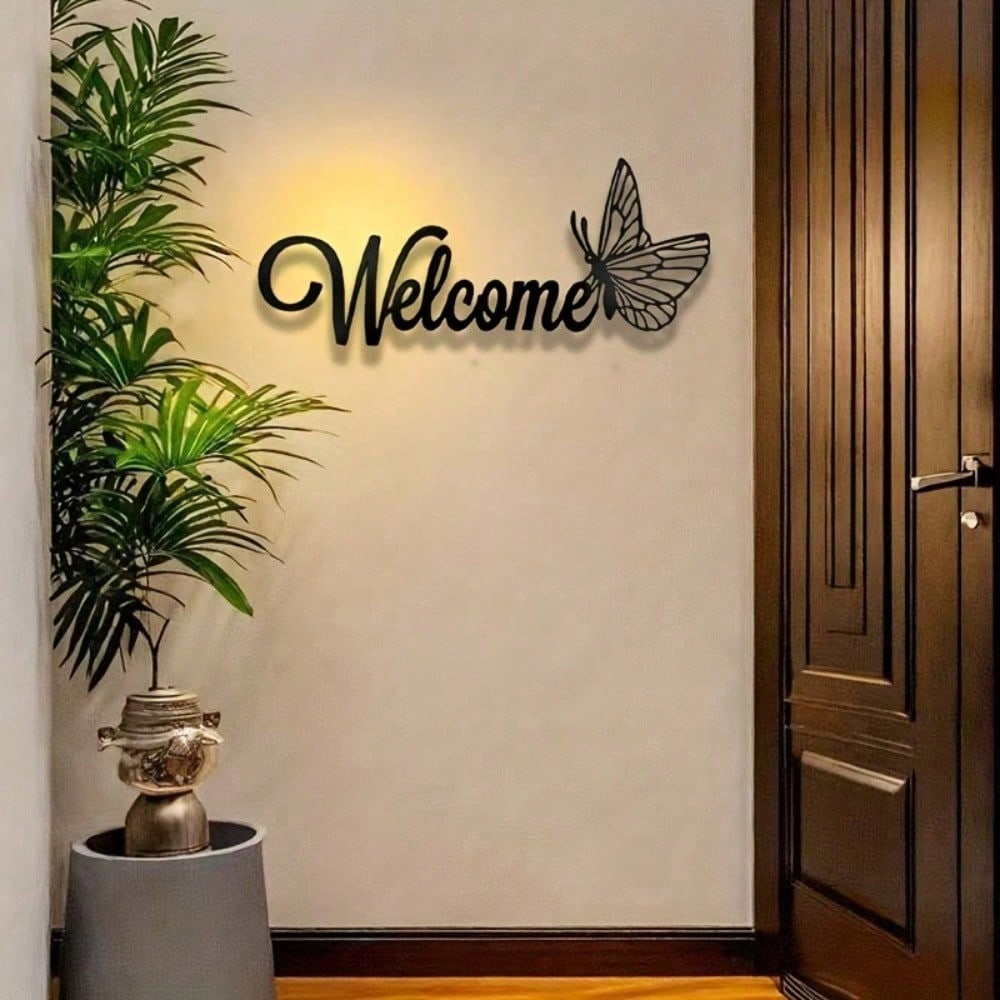 1 Piece Of Simple And Elegant Butterfly Welcome Decoration Sign And Plaque. It Is A Simple Metal Wall Art Handicraft For Entrance Wall Decoration. It Is Highly Suitable For Home And Office Decoration, And Is An Ideal Choice For The Living Room