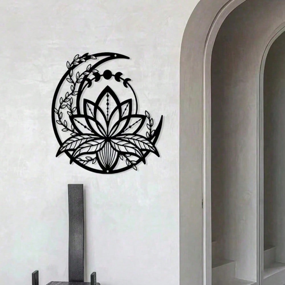 5 Petals Lotus On Moon Minimalisty Metal Wall Art - Modern Home Decor For Bedroom, Living Room, Or Bathroom. Waterproof, Rustproof & Durable Wall Decor, Perfect As Birthday Gift. Features Fade-Resistant Finish With Century-Old Baking Paint Technology, Pre