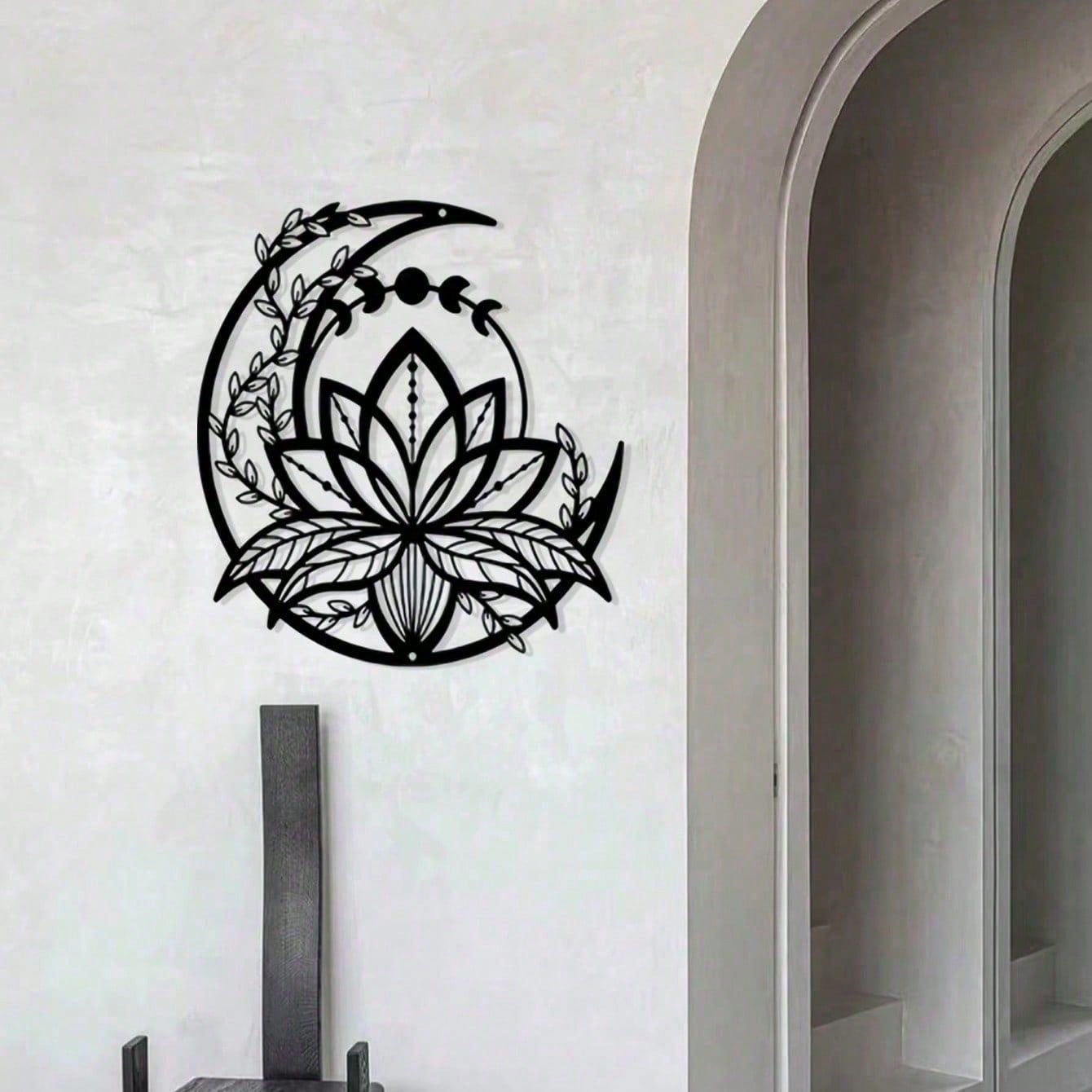 5 Petals Lotus On Moon Minimalisty Metal Wall Art - Modern Home Decor For Bedroom, Living Room, Or Bathroom. Waterproof, Rustproof & Durable Wall Decor, Perfect As Birthday Gift. Features Fade-Resistant Finish With Century-Old Baking Paint Technology, Pre Main image