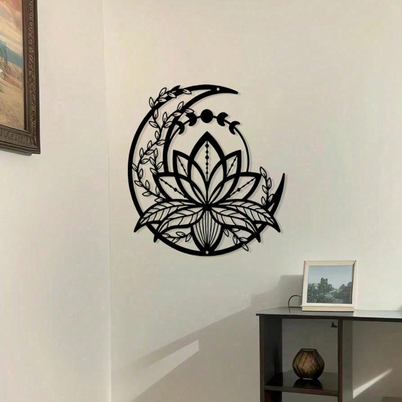5 Petals Lotus On Moon Minimalisty Metal Wall Art - Modern Home Decor For Bedroom, Living Room, Or Bathroom. Waterproof, Rustproof & Durable Wall Decor, Perfect As Birthday Gift. Features Fade-Resistant Finish With Century-Old Baking Paint Technology, Pre Secondary image