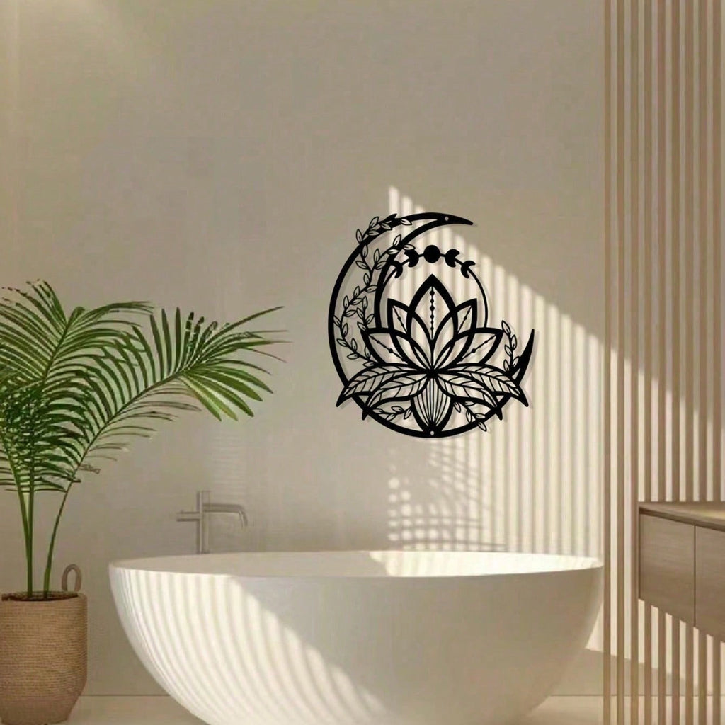 5 Petals Lotus On Moon Minimalisty Metal Wall Art - Modern Home Decor For Bedroom, Living Room, Or Bathroom. Waterproof, Rustproof & Durable Wall Decor, Perfect As Birthday Gift. Features Fade-Resistant Finish With Century-Old Baking Paint Technology, Pre