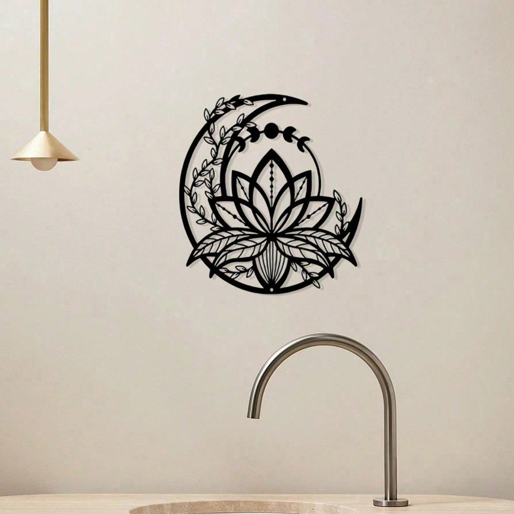5 Petals Lotus On Moon Minimalisty Metal Wall Art - Modern Home Decor For Bedroom, Living Room, Or Bathroom. Waterproof, Rustproof & Durable Wall Decor, Perfect As Birthday Gift. Features Fade-Resistant Finish With Century-Old Baking Paint Technology, Pre