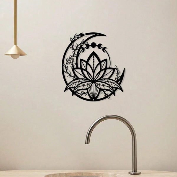 5 Petals Lotus On Moon Minimalisty Metal Wall Art - Modern Home Decor For Bedroom, Living Room, Or Bathroom. Waterproof, Rustproof & Durable Wall Decor, Perfect As Birthday Gift. Features Fade-Resistant Finish With Century-Old Baking Paint Technology, Pre