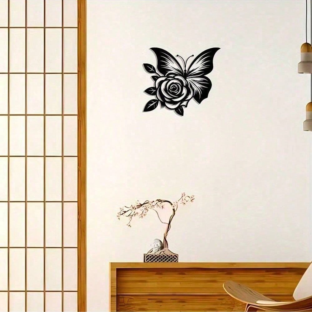 1pc Exquisitely Crafted: Butterfly Heart Rose Metal Sign, Halloween Abstract Art Christmas Elegant Design, Wall Artwork, Craft Sign Wall Decoration, Suitable For Office, Home Living Room