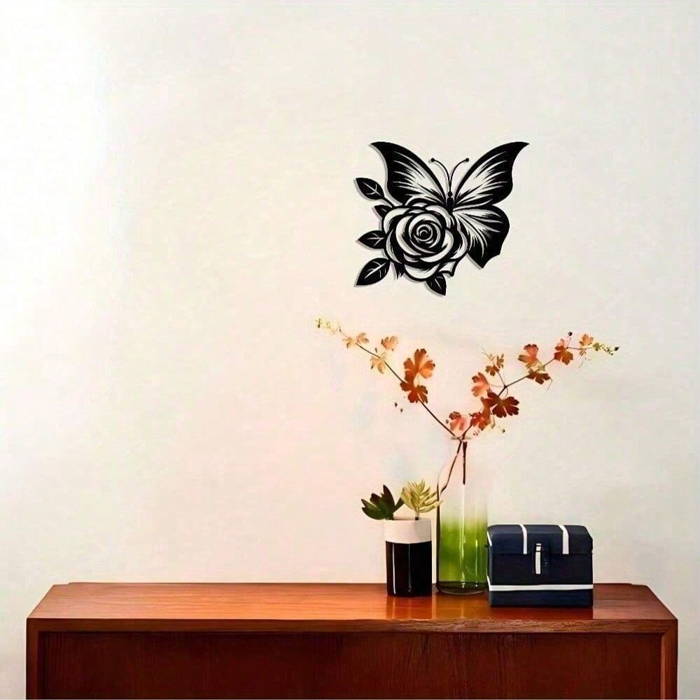 1pc Exquisitely Crafted: Butterfly Heart Rose Metal Sign, Halloween Abstract Art Christmas Elegant Design, Wall Artwork, Craft Sign Wall Decoration, Suitable For Office, Home Living Room