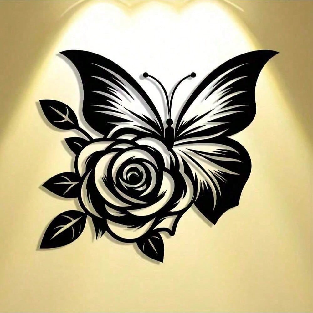 1pc Exquisitely Crafted: Butterfly Heart Rose Metal Sign, Halloween Abstract Art Christmas Elegant Design, Wall Artwork, Craft Sign Wall Decoration, Suitable For Office, Home Living Room