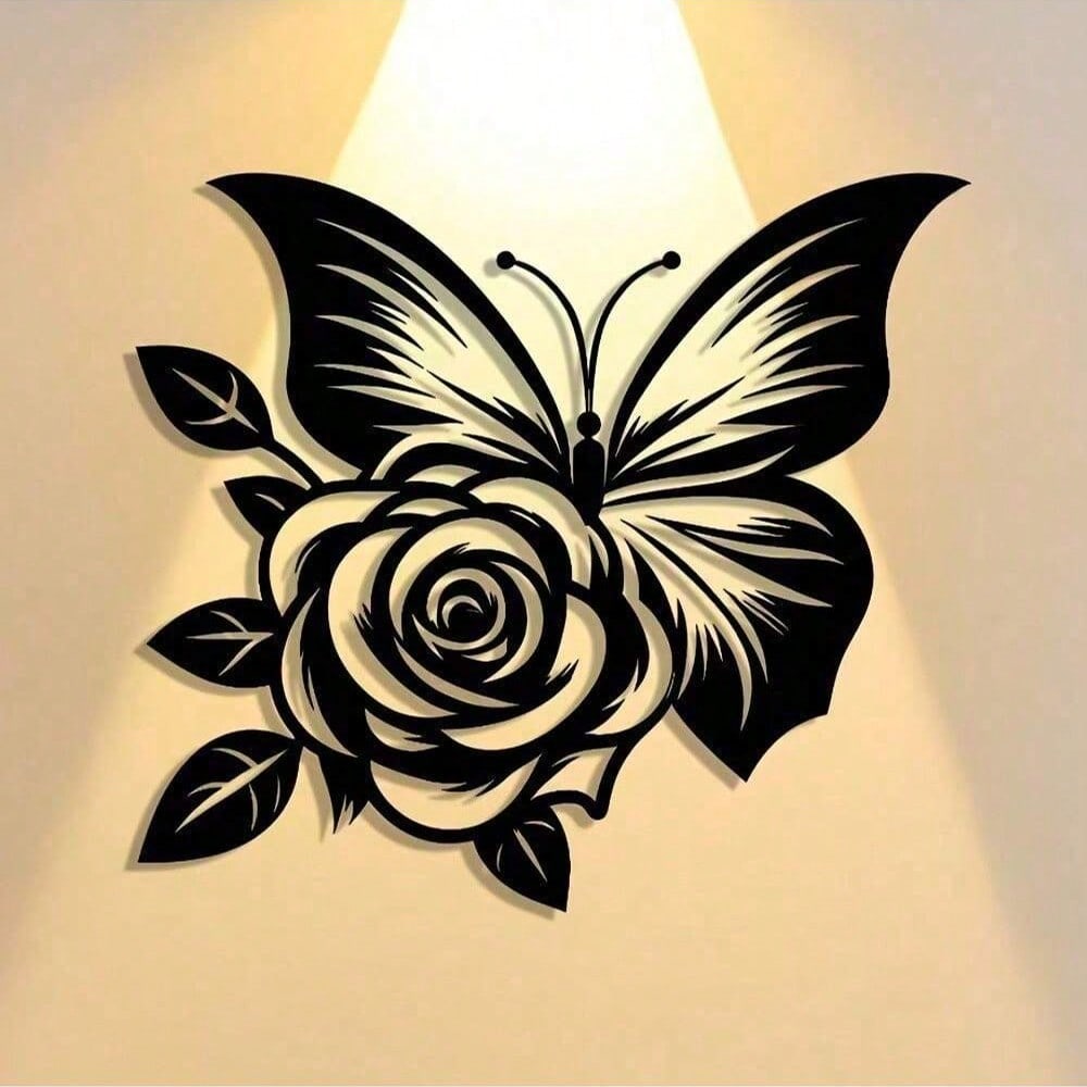 1pc Exquisitely Crafted: Butterfly Heart Rose Metal Sign, Halloween Abstract Art Christmas Elegant Design, Wall Artwork, Craft Sign Wall Decoration, Suitable For Office, Home Living Room