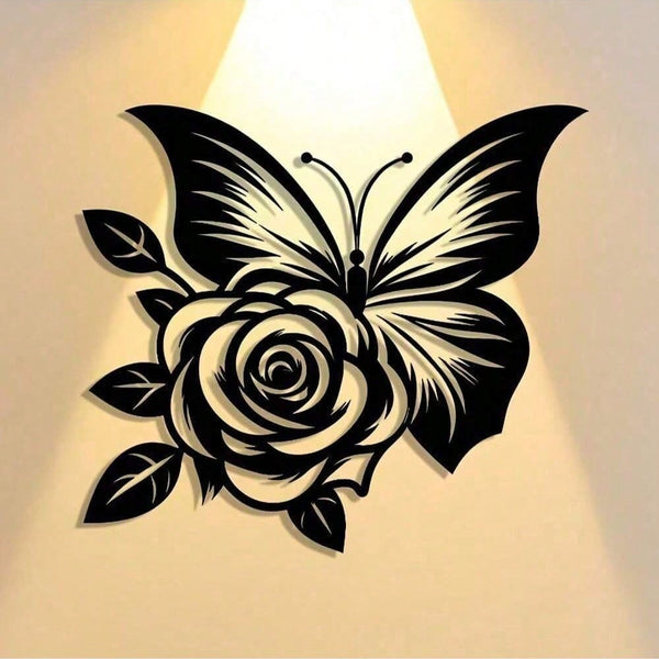 1pc Exquisitely Crafted: Butterfly Heart Rose Metal Sign, Halloween Abstract Art Christmas Elegant Design, Wall Artwork, Craft Sign Wall Decoration, Suitable For Office, Home Living Room